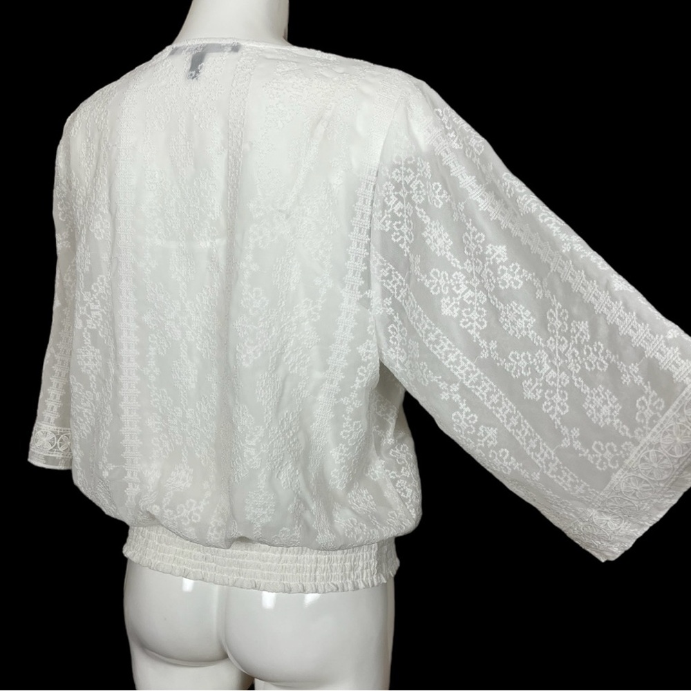 WHBM White Embroidered Kimono Sleeve Smocked Waist Surplice Blouse Size Large - Picture 10 of 15